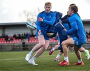 12 February 2024; Jamie Osborne and Ben Murphy during a training session on the Leinster Rugby 12 County Tour at Mullingar RFC in Westmeath. Photo by Harry Murphy/Sportsfile
