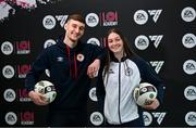 14 February 2024; St Patrick's Athletic player Mason Melia and Shelbourne player Hannah Healy in attendance to launch the 2024 EA SPORTS LOI Academy season at FAI HQ in Abbotstown, Dublin. Photo by David Fitzgerald/Sportsfile