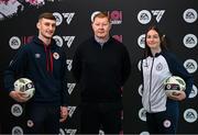 14 February 2024; Will Clarke, LOI Academy Development Manager, centre, with St Patrick's Athletic player Mason Melia and Shelbourne player Hannah Healy in attendance to launch the 2024 EA SPORTS LOI Academy season at FAI HQ in Abbotstown, Dublin. Photo by David Fitzgerald/Sportsfile