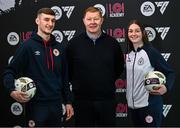 14 February 2024; Will Clarke, LOI Academy Development Manager, centre, with St Patrick's Athletic player Mason Melia and Shelbourne player Hannah Healy in attendance to launch the 2024 EA SPORTS LOI Academy season at FAI HQ in Abbotstown, Dublin. Photo by David Fitzgerald/Sportsfile