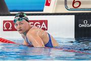 13 February 2024; Mona McSharry of Ireland after finishing fifth in the Women's 100 metres Breaststroke final during day three of the World Aquatics Championships 2024 at the Aspire Dome in Doha, Qatar. Photo by Ian MacNicol/Sportsfile