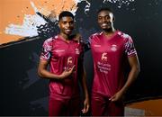 12 February 2024; Brothers David Eguaibor, left, and Justin Eguaibor pose for a portrait during a Cobh Ramblers FC squad portraits session at St Coleman's Park in Cobh, Cork. Photo by Stephen McCarthy/Sportsfile