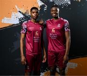 12 February 2024; Brothers David Eguaibor, left, and Justin Eguaibor pose for a portrait during a Cobh Ramblers FC squad portraits session at St Coleman's Park in Cobh, Cork. Photo by Stephen McCarthy/Sportsfile