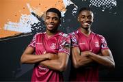12 February 2024; Brothers David Eguaibor, left, and Justin Eguaibor pose for a portrait during a Cobh Ramblers FC squad portraits session at St Coleman's Park in Cobh, Cork. Photo by Stephen McCarthy/Sportsfile