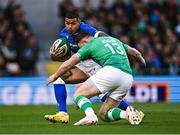 11 February 2024; Monty Ioane of Italy is tackled by Robbie Henshaw of Ireland during the Guinness Six Nations Rugby Championship match between Ireland and Italy at the Aviva Stadium in Dublin. Photo by Piaras Ó Mídheach/Sportsfile