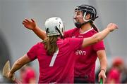 11 February 2024; University of Galway players Tiffanie Fitzgerald, right, and Joanne Daly celebrate after their side's victory in the Electric Ireland Purcell Cup final match between University of Galway and SETU Carlow at University of Galway Connacht GAA AirDome in Bekan, Mayo. Photo by Sam Barnes/Sportsfile