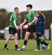 14 February 2024; Dylan Brennan, left, with Rian Kavanagh of South East after he is substituted off with an injury during the BearingPoint Shane Horgan Cup Round 4 match between Midlands and South East at Ashbourne RFC in Meath. Photo by Ben McShane/Sportsfile