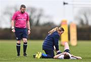 14 February 2024; Ollie Murphy of Midlands receives medical attention during the BearingPoint Shane Horgan Cup Round 4 match between Midlands and South East at Ashbourne RFC in Meath. Photo by Ben McShane/Sportsfile