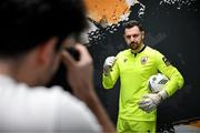 13 February 2024; Goalkeeper Jack Brady poses for Sportsfile photographer Harry Murphy during a Longford Town FC squad portraits session at John Hyland Park in Baldonnell, Dublin. Photo by Stephen McCarthy/Sportsfile