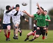 14 February 2024; Joshua Burke of South East offloads a pass during the BearingPoint Shane Horgan Cup Round 4 match between Midlands and South East at Ashbourne RFC in Meath. Photo by Ben McShane/Sportsfile