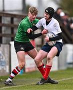 14 February 2024; Conor Casey of Midlands is tackled by Zak Hernan of South East during the BearingPoint Shane Horgan Cup Round 4 match between Midlands and South East at Ashbourne RFC in Meath. Photo by Ben McShane/Sportsfile