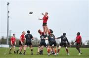 14 February 2024; Liam Riley of North East wins possession in the lineout during the BearingPoint Shane Horgan Cup Round 4 match between Metro and North East at Ashbourne RFC in Meath. Photo by Ben McShane/Sportsfile