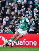11 February 2024; Jack Crowley of Ireland takes a conversion during the Guinness Six Nations Rugby Championship match between Ireland and Italy at the Aviva Stadium in Dublin. Photo by Piaras Ó Mídheach/Sportsfile