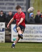14 February 2024; Lorcan Craik of North East kicks a conversion during the BearingPoint Shane Horgan Cup Round 4 match between Metro and North East at Ashbourne RFC in Meath. Photo by Ben McShane/Sportsfile