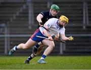 14 February 2024; Shane Meehan of MICL in action against Tom Barron of SETU Waterford during the Electric Ireland Higher Education GAA Fitzgibbon Cup semi-final match between Mary Immaculate College Limerick and SETU Waterford at Mallow GAA Complex in Cork. Photo by Piaras Ó Mídheach/Sportsfile