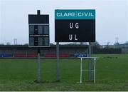14 February 2024; The scoreboard is seen before the Electric Ireland Higher Education GAA Fitzgibbon Cup semi final match between University of Galway and University of Limerick at St Joseph's Doora-Barefield GAA Club in Ennis, Clare. Photo by John Sheridan/Sportsfile