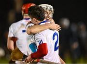 14 February 2024; MICL players Cathal Quinn and Adam Hogan, 2, celebrate after their side's victory in the Electric Ireland Higher Education GAA Fitzgibbon Cup semi-final match between Mary Immaculate College Limerick and SETU Waterford at Mallow GAA Complex in Cork. Photo by Piaras Ó Mídheach/Sportsfile