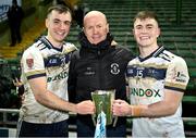 14 February 2024; Darragh Canavan, left, and Ruairi Canavan of Ulster University celebrate with their father, former Tyrone legend Peter Canavan, after victory in the Electric Ireland Higher Education GAA Sigerson Cup final match between UCD and Ulster University at Austin Stack Park in Tralee, Kerry. Photo by Brendan Moran/Sportsfile