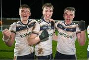 14 February 2024; Ulster University players, from left, Ryan Magill, Eamon Brown and Steve Donaghy celebrate victory after the Electric Ireland Higher Education GAA Sigerson Cup final match between UCD and Ulster University at Austin Stack Park in Tralee, Kerry. Photo by Brendan Moran/Sportsfile
