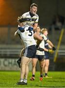 14 February 2024; Steve Donaghy, top, and Ronan Boyle of Ulster University celebrate at the final whistle of the Electric Ireland Higher Education GAA Sigerson Cup final match between UCD and Ulster University at Austin Stack Park in Tralee, Kerry. Photo by Brendan Moran/Sportsfile
