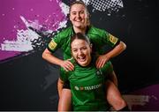 14 February 2024; Becky Watkins, below, and Erin McLaughlin during a Peamount United FC squad portraits at PRL Park in Greenogue, Dublin. Photo by David Fitzgerald/Sportsfile
