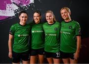 14 February 2024; Players, from left, Lauryn O'Callaghan, Becky Watkins, Erin McLaughlin and Erica Burke during a Peamount United FC squad portraits at PRL Park in Greenogue, Dublin. Photo by David Fitzgerald/Sportsfile