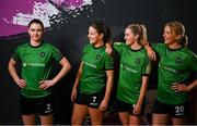 14 February 2024; Players, from left, Lauryn O'Callaghan, Becky Watkins, Erin McLaughlin and Erica Burke during a Peamount United FC squad portraits at PRL Park in Greenogue, Dublin. Photo by David Fitzgerald/Sportsfile