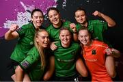 14 February 2024; Players, from left, Ciara Maher, Lauryn O'Callaghan, Becky Watkins, Mia McGonnell, Niamh Richardson and Erin McLaughlin during a Peamount United FC squad portraits at PRL Park in Greenogue, Dublin. Photo by David Fitzgerald/Sportsfile