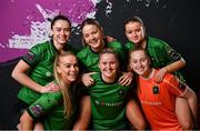 14 February 2024; Players, from left, Ciara Maher, Lauryn O'Callaghan, Becky Watkins, Mia McGonnell, Niamh Richardson and Erin McLaughlin during a Peamount United FC squad portraits at PRL Park in Greenogue, Dublin. Photo by David Fitzgerald/Sportsfile