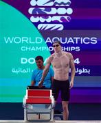 15 February 2024; Eoin Corby of Ireland before competing in the Men's 200m breaststroke heats during day five of the World Aquatics Championships 2024 at the Aspire Dome in Doha, Qatar. Photo by Ian MacNicol/Sportsfile