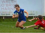 15 February 2024; Emma Brogan of Leinster scores her side's first try during the U18 Girls Interprovincial semi-final match between Leinster and Munster at Terenure College RFC in Dublin. Photo by Seb Daly/Sportsfile
