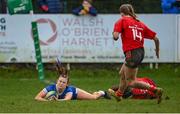 15 February 2024; Emma Brogan of Leinster scores her side's first try during the U18 Girls Interprovincial semi-final match between Leinster and Munster at Terenure College RFC in Dublin. Photo by Seb Daly/Sportsfile