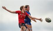 15 February 2024; Aoife Grimes of Munster and Carla Cloney of Leinster contest for the ball at a lineout during the U18 Girls Interprovincial semi-final match between Leinster and Munster at Terenure College RFC in Dublin. Photo by Seb Daly/Sportsfile
