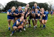 15 February 2024; Leinster players celebrate after their side's victory in the U18 Girls Interprovincial semi-final match between Leinster and Munster at Terenure College RFC in Dublin. Photo by Seb Daly/Sportsfile