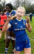 15 February 2024; Leinster captain Alex Connor celebrates after her side's victory in the U18 Girls Interprovincial semi-final match between Leinster and Munster at Terenure College RFC in Dublin. Photo by Seb Daly/Sportsfile