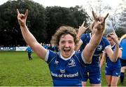 15 February 2024; Sarah Moody of Leinster celebrates after her side's victory in the U18 Girls Interprovincial semi-final match between Leinster and Munster at Terenure College RFC in Dublin. Photo by Seb Daly/Sportsfile