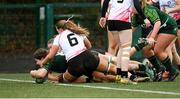 15 February 2024; Jemima Adams Verling of Connacht scores her side's first try during the U18 Girls Interprovincial semi-final match between Ulster and Connacht at Terenure College RFC in Dublin. Photo by Seb Daly/Sportsfile