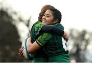 15 February 2024; Merisa Kiripati of Connacht, right, celebrates with teammate Jemma Lees after scoring their side's fourth try during the U18 Girls Interprovincial semi-final match between Ulster and Connacht at Terenure College RFC in Dublin. Photo by Seb Daly/Sportsfile