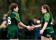 15 February 2024; Jemima Adams Verling of Connacht, left, celebrates with teammate Sarah Purcell after scoring their side's fifth try, and her third personal try, during the U18 Girls Interprovincial semi-final match between Ulster and Connacht at Terenure College RFC in Dublin. Photo by Seb Daly/Sportsfile