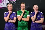 8 February 2024; In attendance during a Wexford FC squad portraits session at the SETU Carlow Campus are, from left, Ceola Bergin, Nicole Nix and Michaela Lawrence. Photo by Sam Barnes/Sportsfile