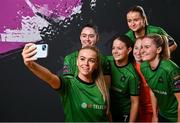 14 February 2024; Players, from left, Ciara Maher, Lauryn O'Callaghan, Becky Watkins, Mia McGonnell, Niamh Richardson and Erin McLaughlin during a Peamount United FC squad portraits at PRL Park in Greenogue, Dublin. Photo by David Fitzgerald/Sportsfile