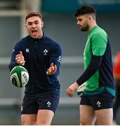 15 February 2024; Jack Crowley, left, and Harry Byrne during an Ireland Rugby squad training session at the IRFU High Performance Centre at the Sport Ireland Campus in Dublin. Photo by David Fitzgerald/Sportsfile