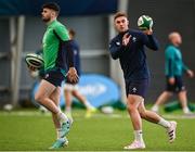 15 February 2024; Jack Crowley, right, and Harry Byrne during an Ireland Rugby squad training session at the IRFU High Performance Centre at the Sport Ireland Campus in Dublin. Photo by David Fitzgerald/Sportsfile