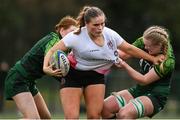 15 February 2024; Cara McLean of Ulster is tackled by Ailish Quinn of Connacht, right, during the U18 Girls Interprovincial semi-final match between Ulster and Connacht at Terenure College RFC in Dublin. Photo by Seb Daly/Sportsfile