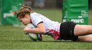 15 February 2024; Amy McConkey of Ulster scores her side's third try during the U18 Girls Interprovincial semi-final match between Ulster and Connacht at Terenure College RFC in Dublin. Photo by Seb Daly/Sportsfile
