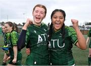 15 February 2024; Connacht players Jemma Lees, left, and Merisa Kiripati celebrate after their side's victory in the U18 Girls Interprovincial semi-final match between Ulster and Connacht at Terenure College RFC in Dublin. Photo by Seb Daly/Sportsfile