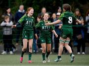15 February 2024; Connacht players, from left, Jemma Lees, Aisling Whyte and Jemima Adams Verling celebrate after their side's victory in the U18 Girls Interprovincial semi-final match between Ulster and Connacht at Terenure College RFC in Dublin. Photo by Seb Daly/Sportsfile