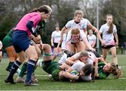 15 February 2024; Olivia McKinley of Ulster scores her side's fourth try during the U18 Girls Interprovincial semi-final match between Ulster and Connacht at Terenure College RFC in Dublin. Photo by Seb Daly/Sportsfile