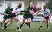 15 February 2024; Ailish Quinn of Connacht in action against Megan Creighton, left, and Amy McConkey of Ulster during the U18 Girls Interprovincial semi-final match between Ulster and Connacht at Terenure College RFC in Dublin. Photo by Shauna Clinton/Sportsfile