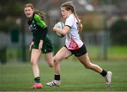 15 February 2024; Amy McConkey of Ulster on her way to scoring her side's third try during the U18 Girls Interprovincial semi-final match between Ulster and Connacht at Terenure College RFC in Dublin. Photo by Seb Daly/Sportsfile